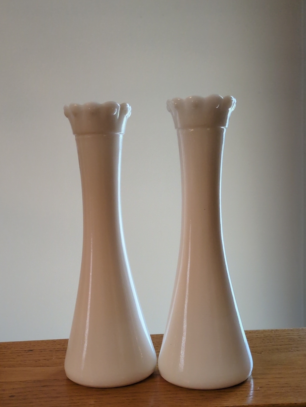 Classsic White Milk Glass Bud Vases - Pair.  Petal Rim Top.